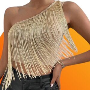 One Shoulder Crop Top With Fringed Trim Gold Tone